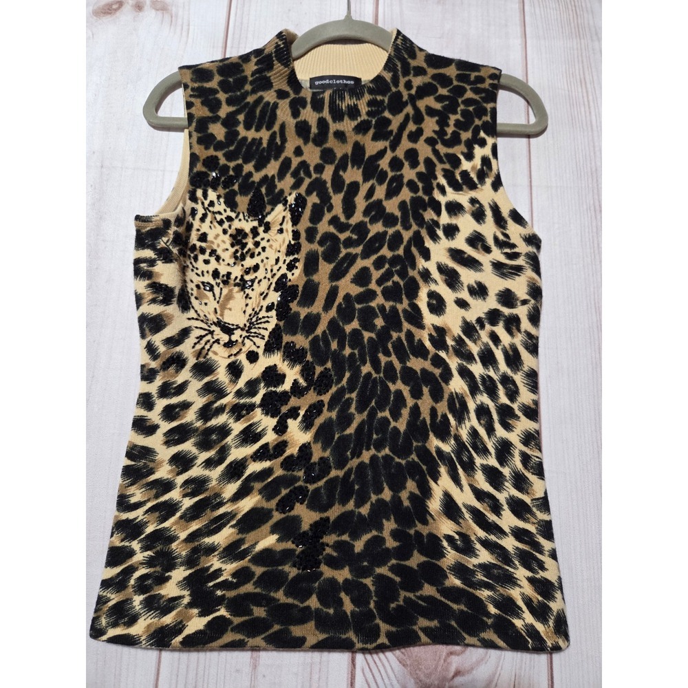 Good Clothes Womens Leopard Print Beaded Mock Neck Sleeveless Knit Top Small